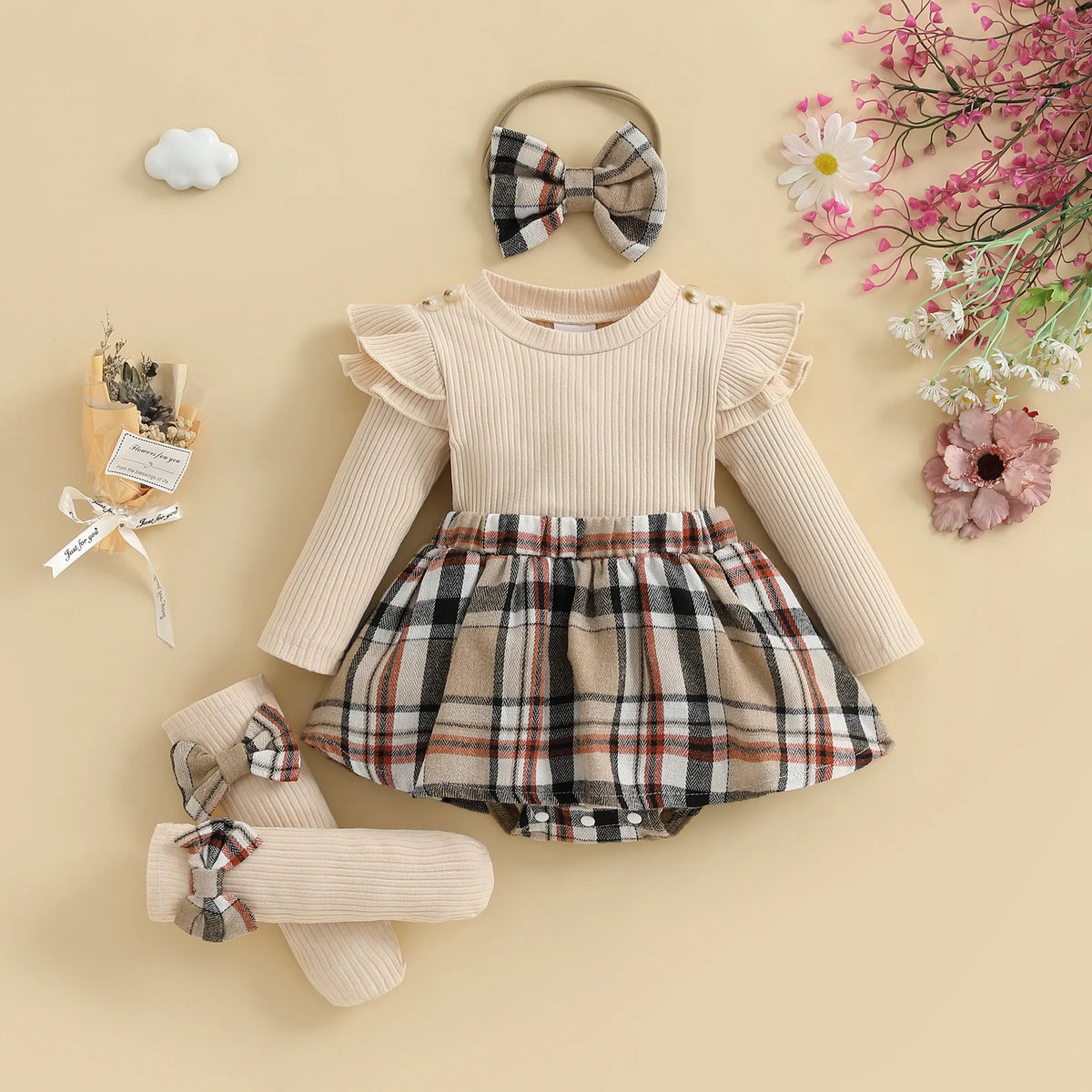 Plaid Skirt Bodysuit Set with Headband & Socks