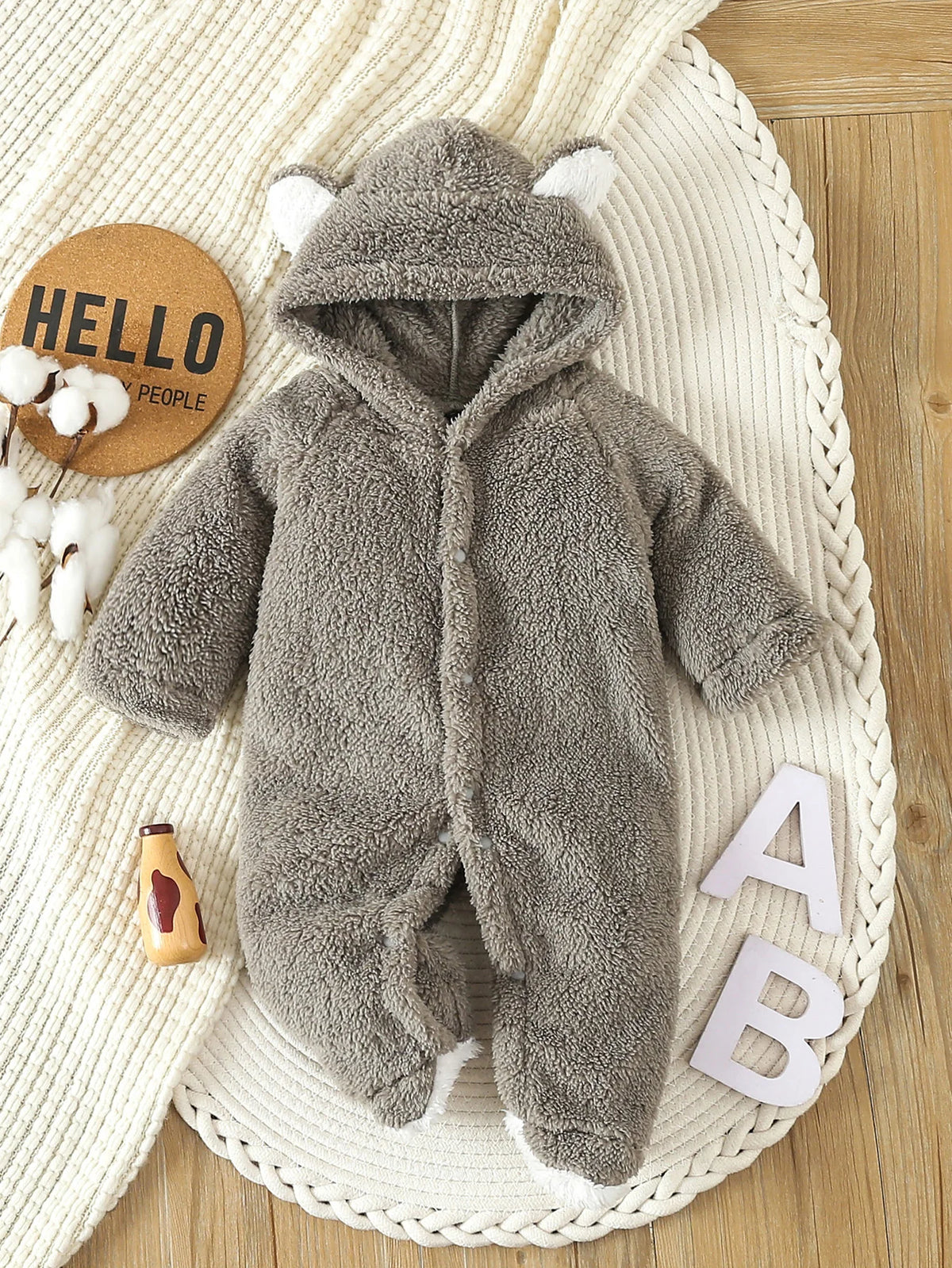 Cubby Bear Sherpa Hooded Footed Jumpsuit - Stone Gray