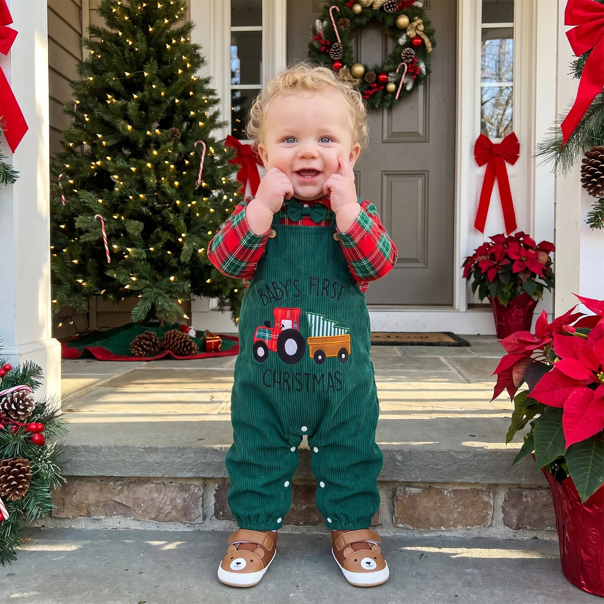 Holiday Plaid Bow Tie Romper & Corduroy Overalls