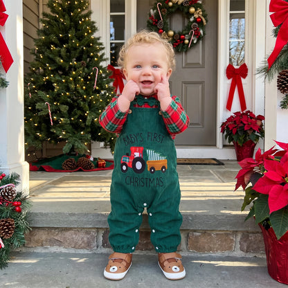 Holiday Plaid Bow Tie Romper & Corduroy Overalls