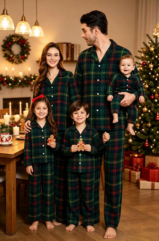 Green Plaid Cotton Button-Down Family Pajamas