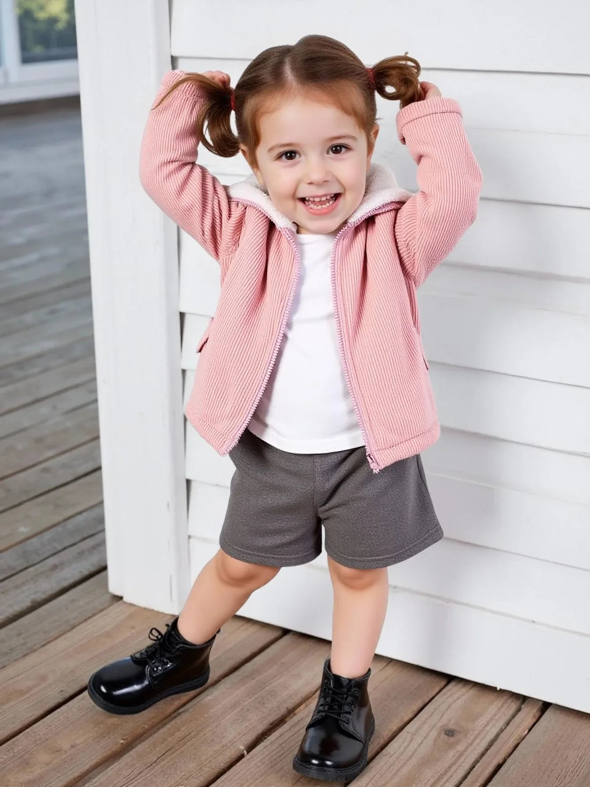 Teddy Pink Corduroy Bear-Ear Hooded Jacket worn