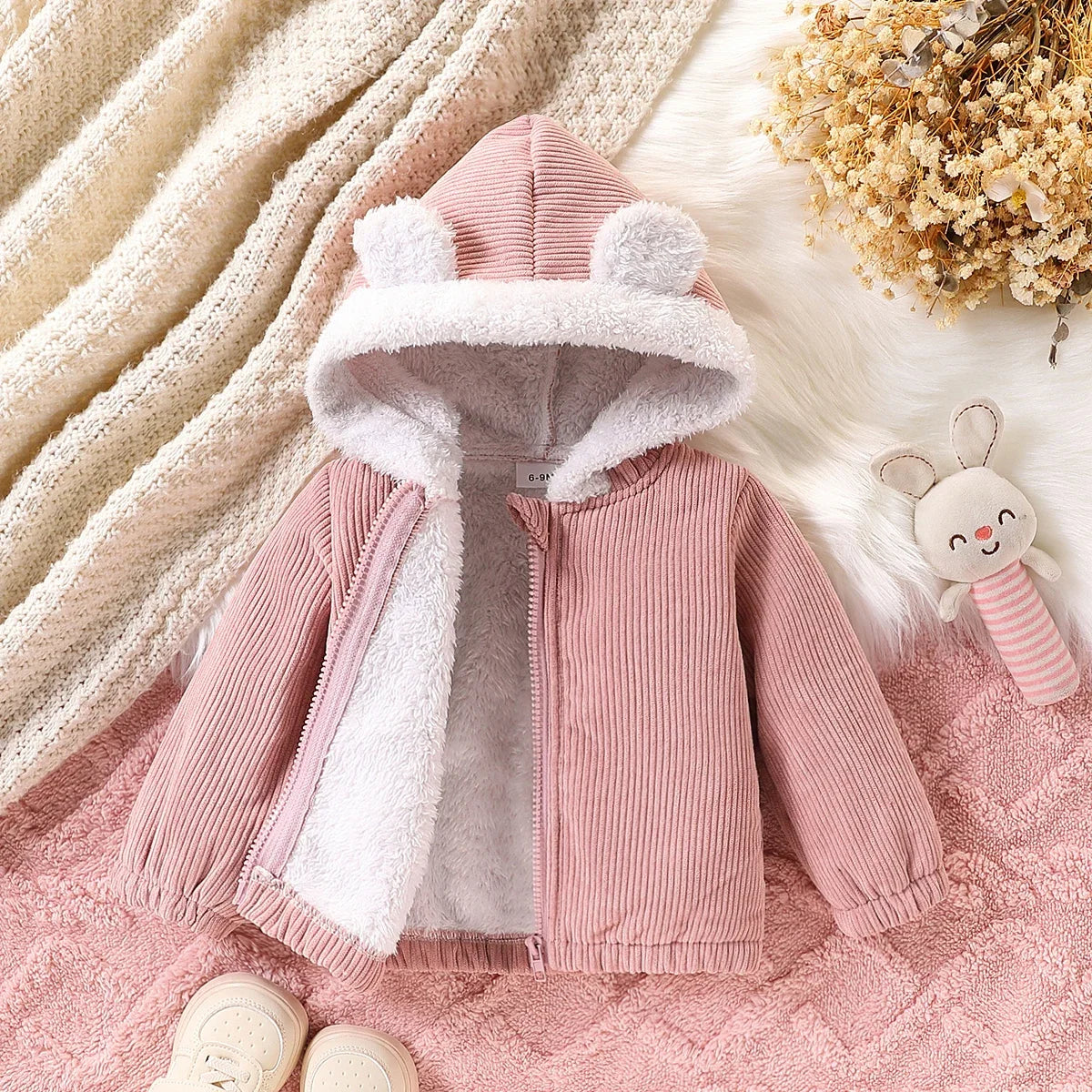 Teddy Pink Corduroy Bear-Ear Hooded Jacket