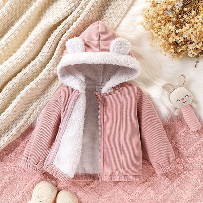 Teddy Pink Corduroy Bear-Ear Hooded Jacket