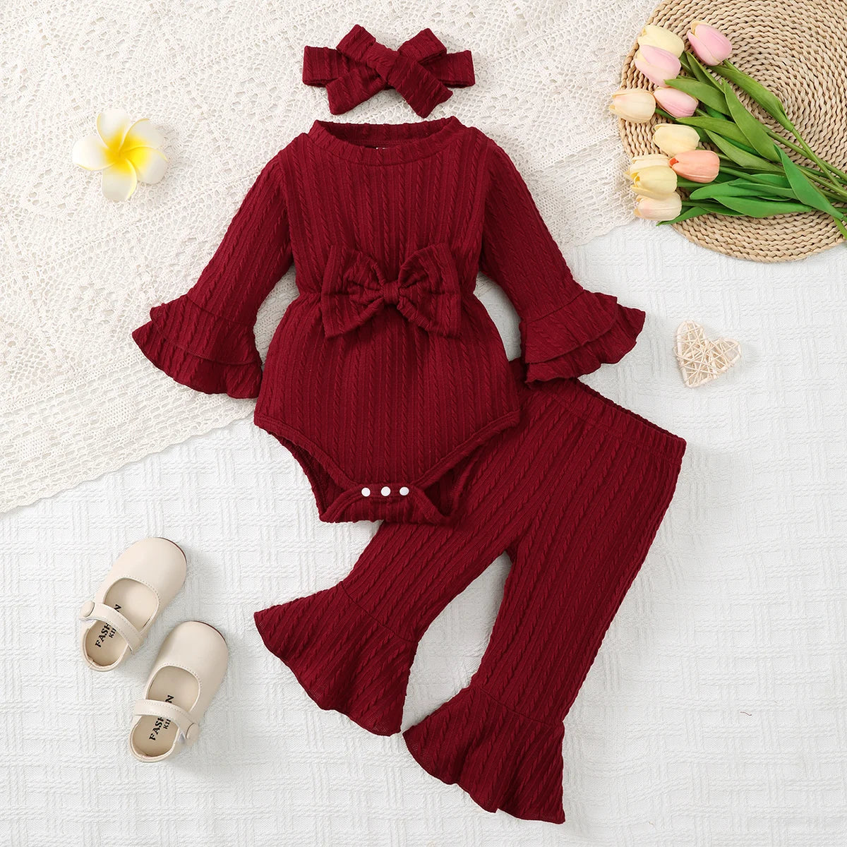 Ruby 3-Piece Ribbed Bow Flare Set