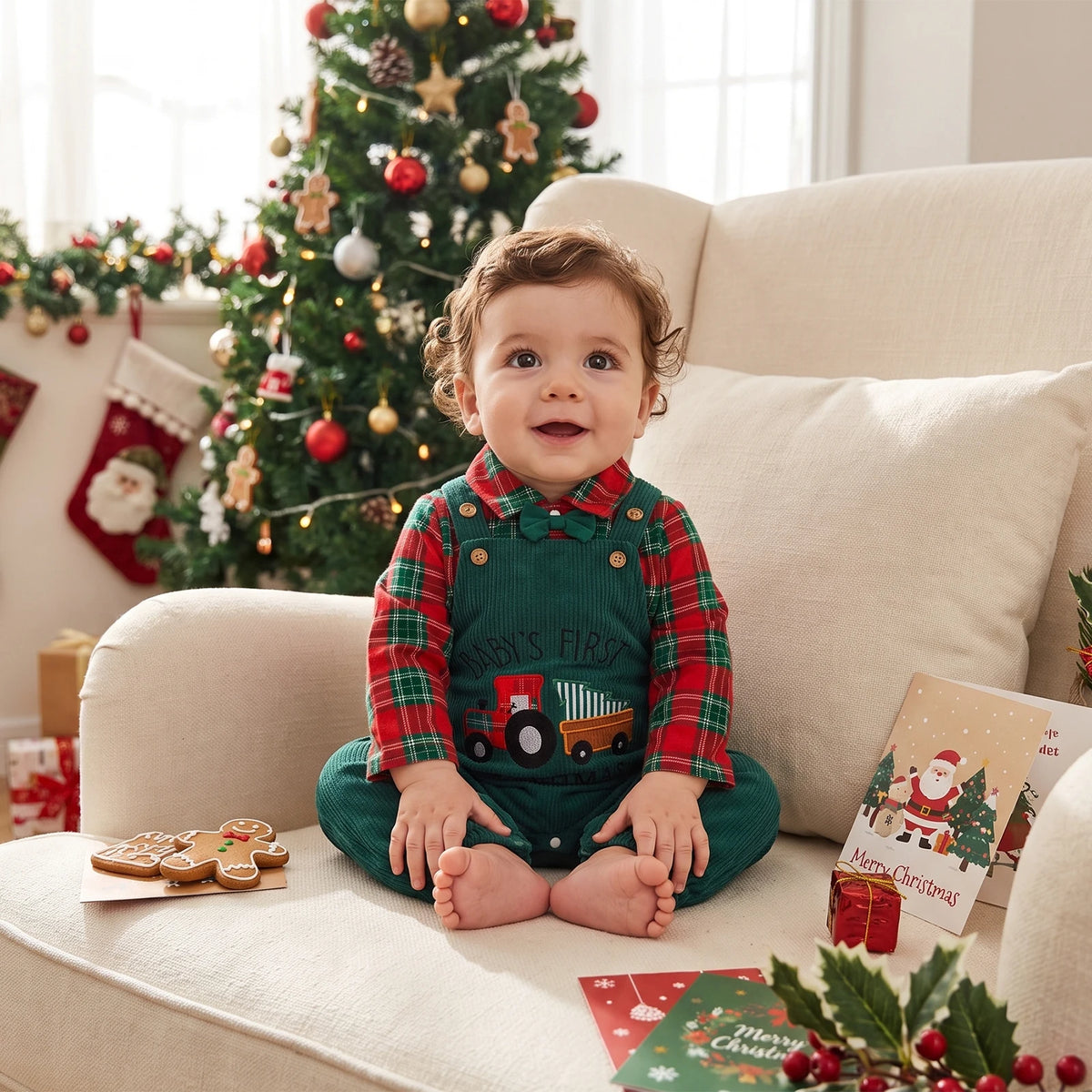 Holiday Plaid Bow Tie Romper & Corduroy Overalls