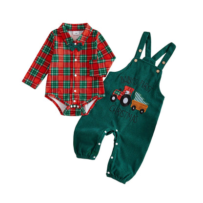 Holiday Plaid Bow Tie Romper & Corduroy Overalls