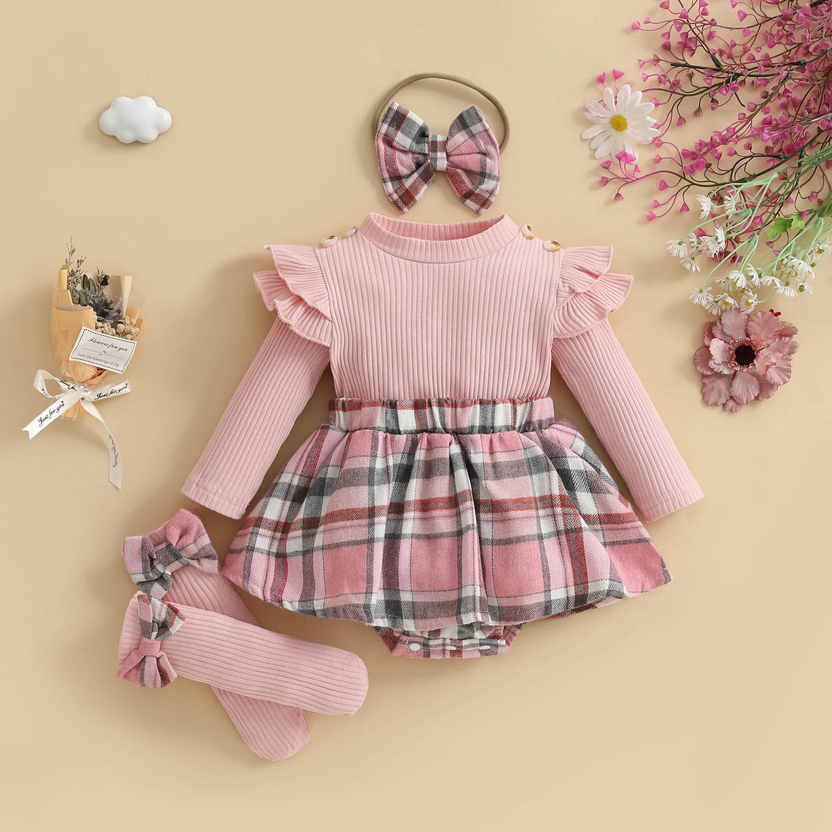 Plaid Skirt Bodysuit Set with Headband & Socks
