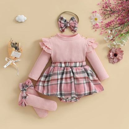 Plaid Skirt Bodysuit Set with Headband & Socks