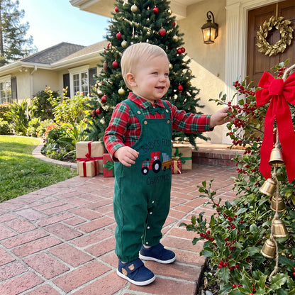 Holiday Plaid Bow Tie Romper & Corduroy Overalls