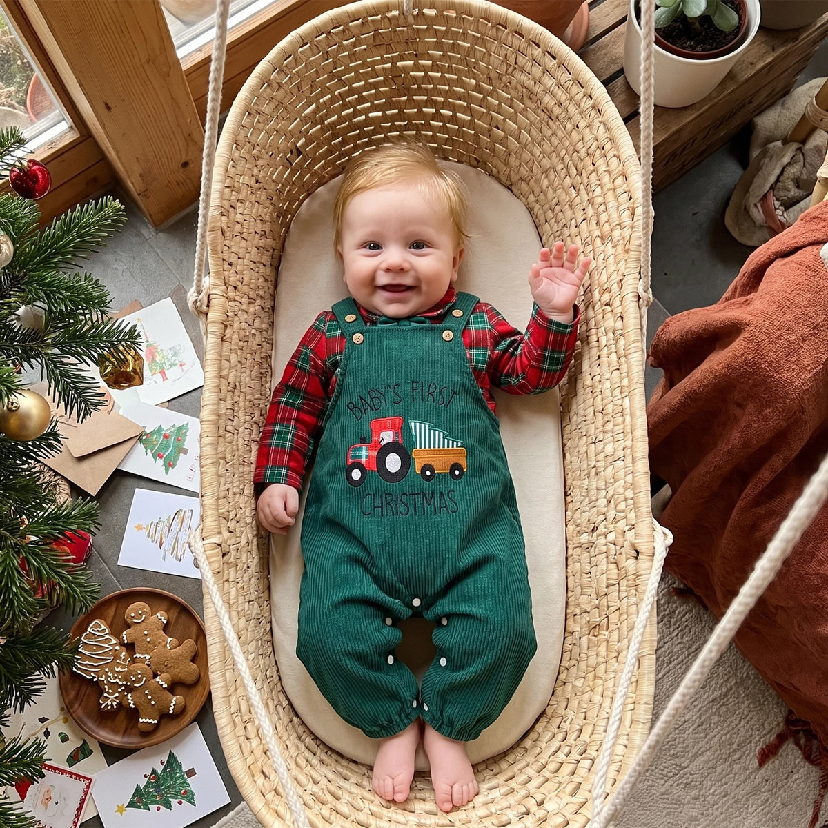 Holiday Plaid Bow Tie Romper & Corduroy Overalls