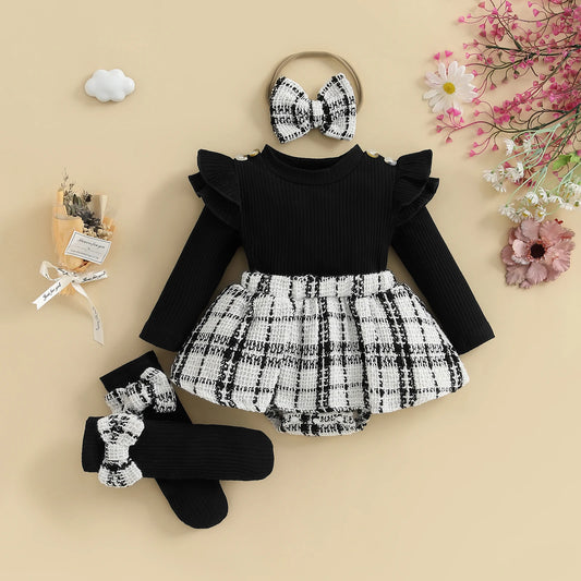 Plaid Skirt Bodysuit Set with Headband & Socks