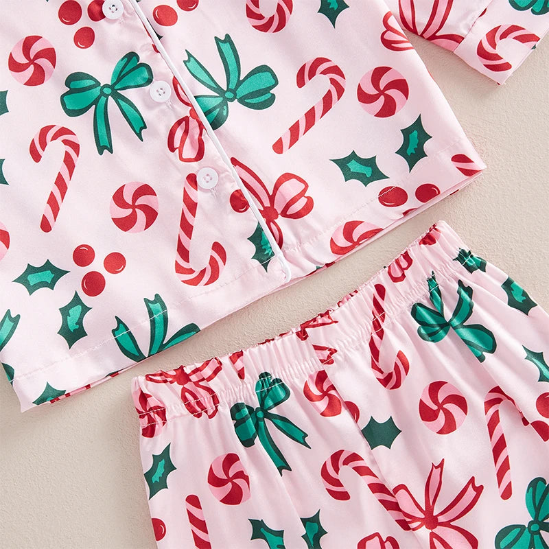 Candy Cane Bow Girls Christmas Pajama Set