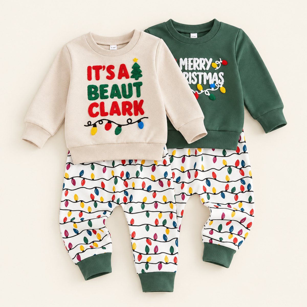 Holiday Lights kids two-piece outfits in beige and green