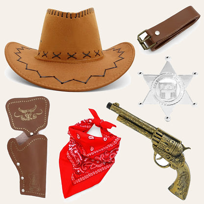 Kids cowboy costume set with hat, bandana, holster, sheriff badge and toy revolver