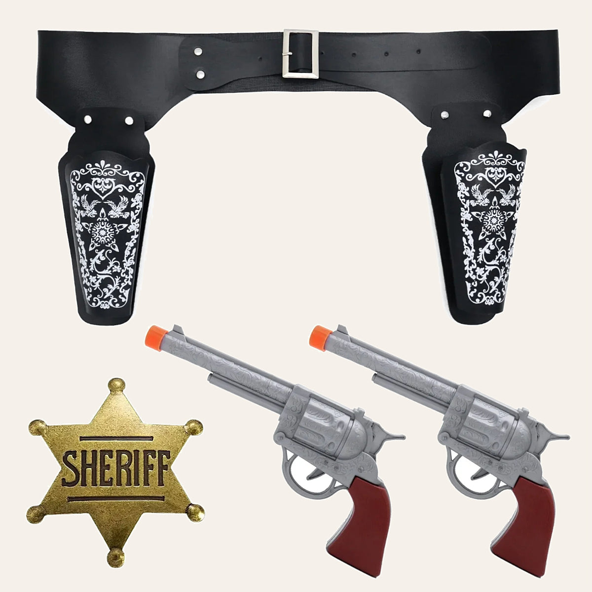Double holster belt with two toy revolvers and sheriff badge