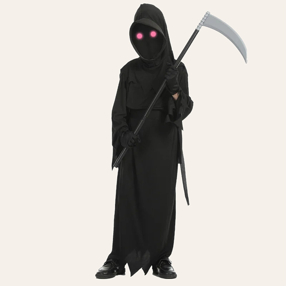 Kids Grim Reaper Halloween costume with glowing eyes and scythe
