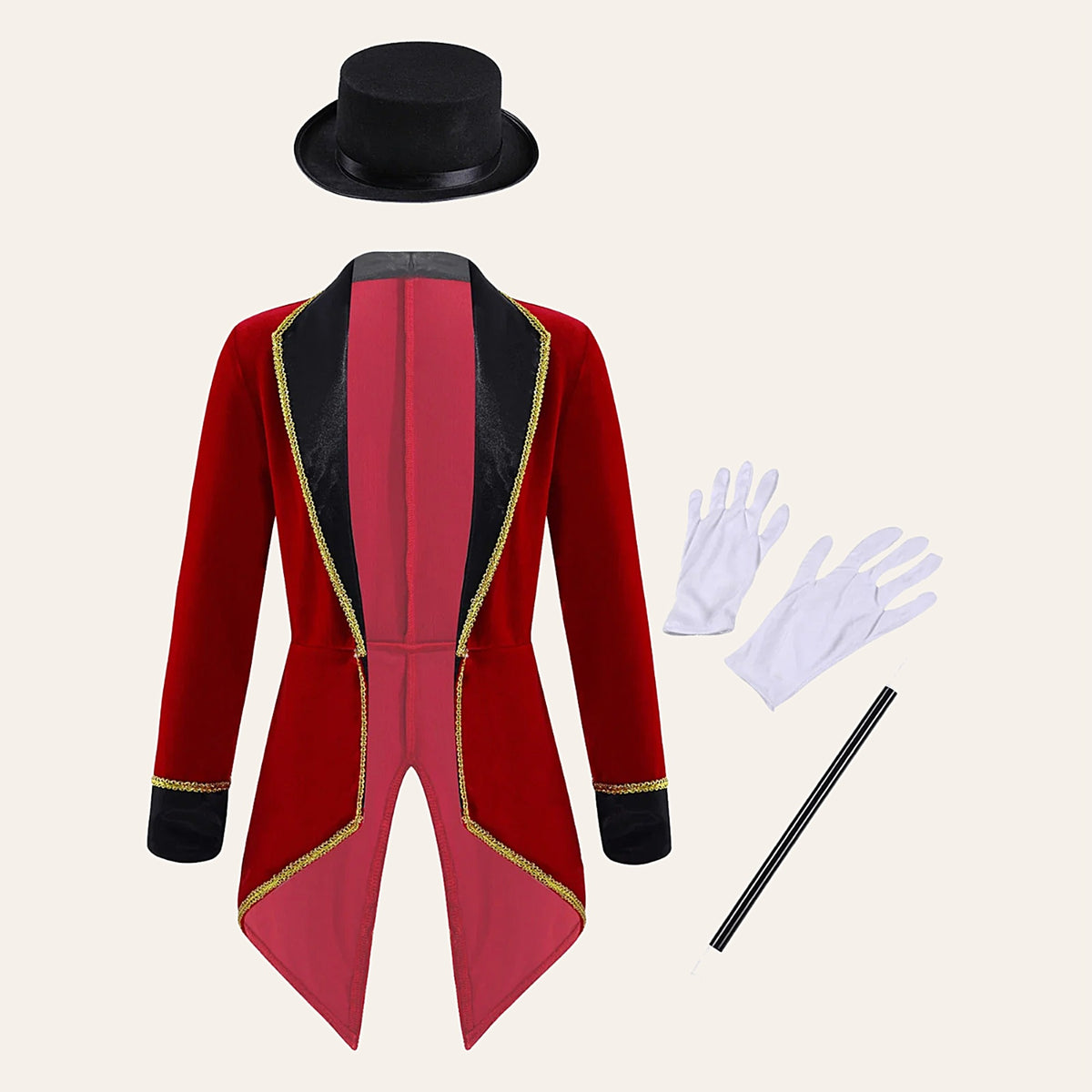 Kids burgundy velvet ringmaster costume with top hat, gloves and wand